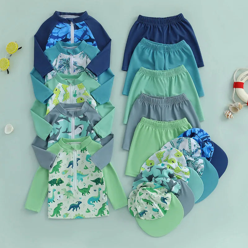 0-36months Toddler Boys Rash Guard Swimsuit Set Animal/Coconut Tree Print Long Sleeve Tops with Shorts and Swim Hat