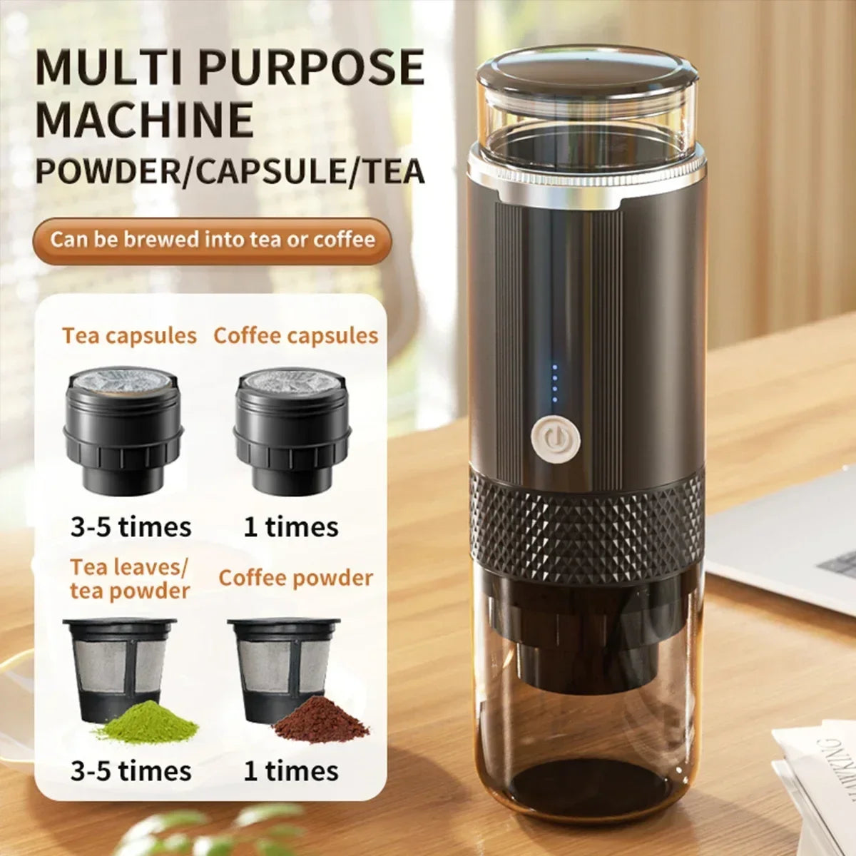 Portable electric coffee machine is suitable for ground coffee and KCUP capsules, but it does not have a heating function