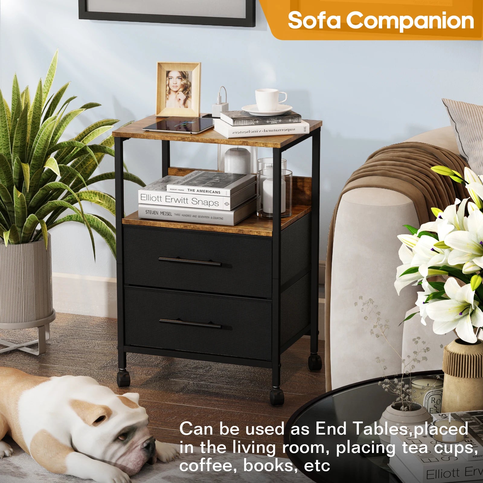 Table de chevet avec station de recharge, table de chevet avec 2 prises et 2 ports USB avec 4 roulettes