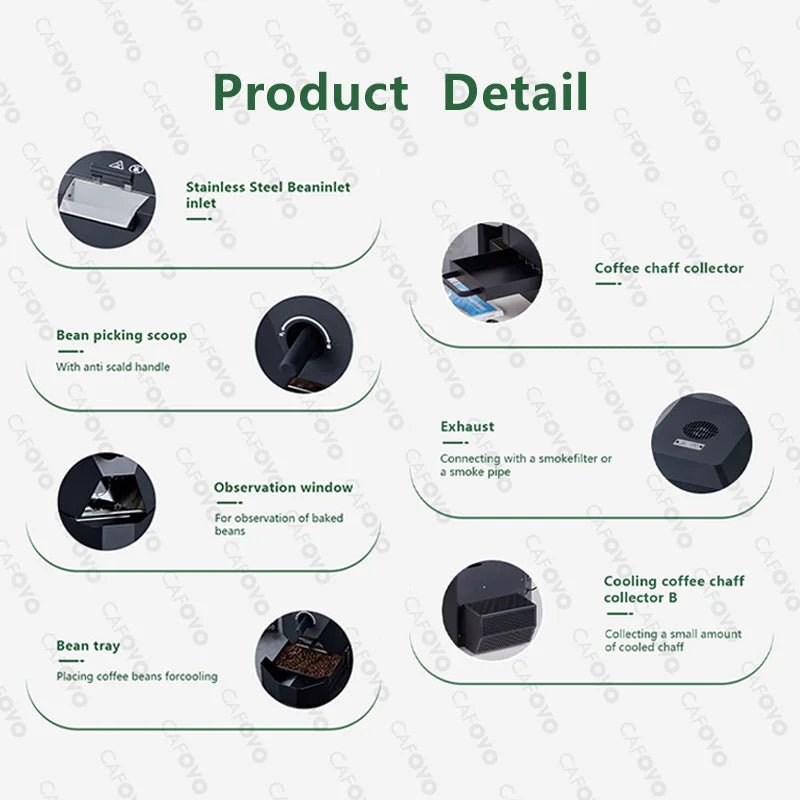 CAFOVO RE-1 Electric Coffee Bean Roaster Commercial Roaster Automatic Roasting Machine with 3 Baking Curve Grain Dryer 110-220V