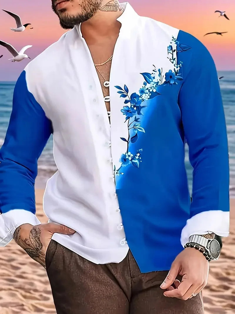 Fashionable Men's Long Sleeve Shirt 3D Half Color Flower Print Men's Casual Button Long Sleeve Shirt Top