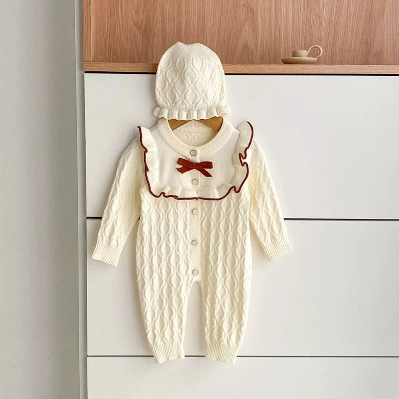 Christmas Baby Rompers Clothes Hat Autumn Winter Knitted Bow Newborn Girls Jumpsuits Fashion Solid Plain Toddler Kids Rompers