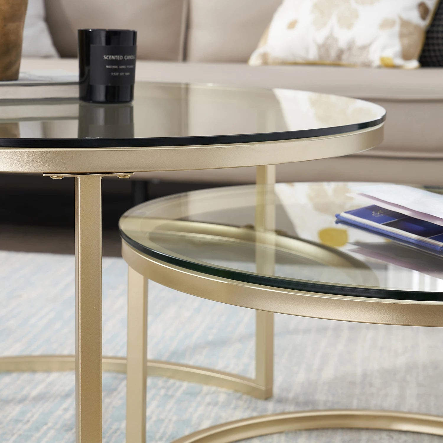 EGOONM 2 en 1 Table basse en fer mode petit appartement salon Table basse verre trempé rond canapé Table basse d'appoint