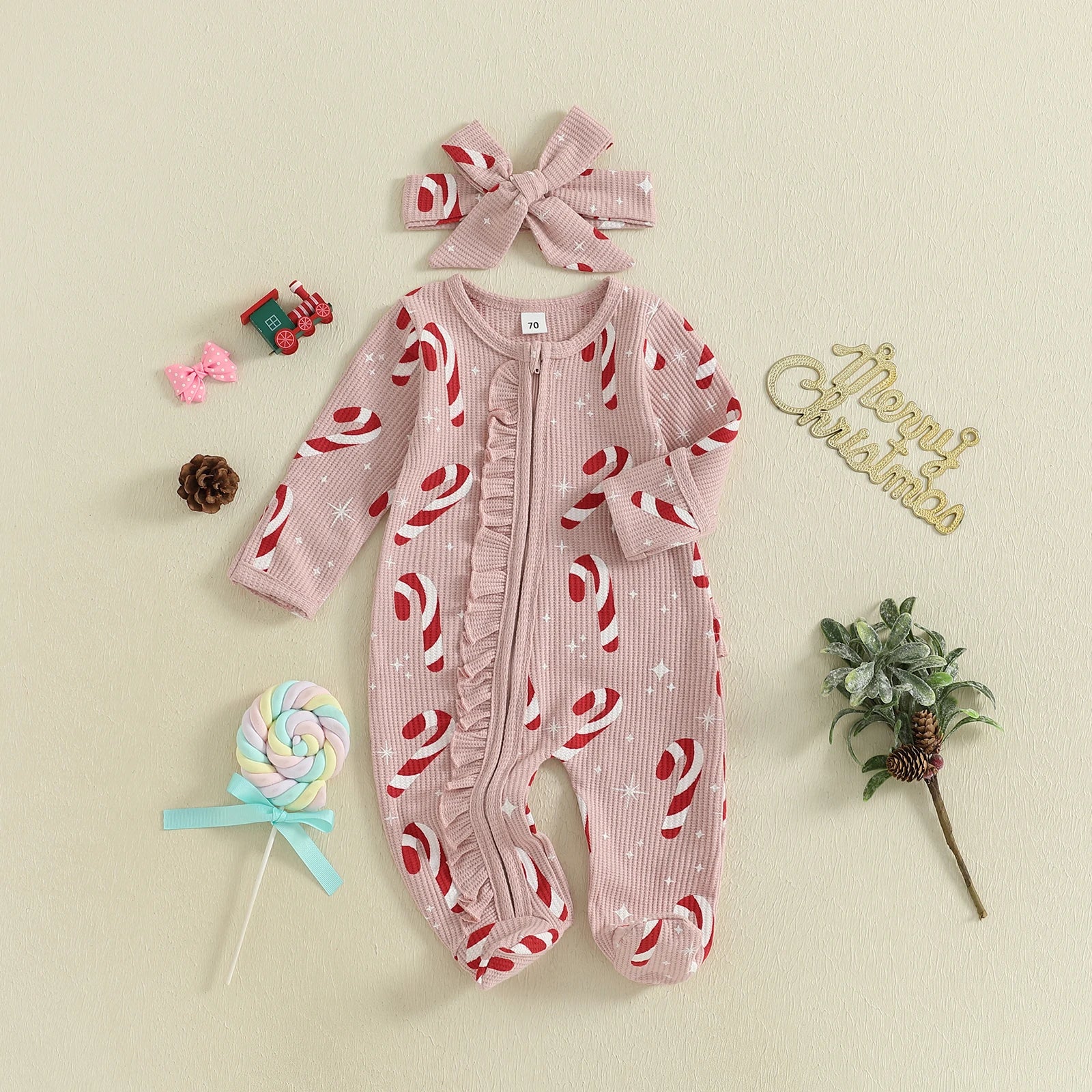 Newborn Baby Girls Christmas Oblique Zipper Rompers Long Sleeve O Neck Candy Cane/Gingerbread Print Jumpsuits with Headband