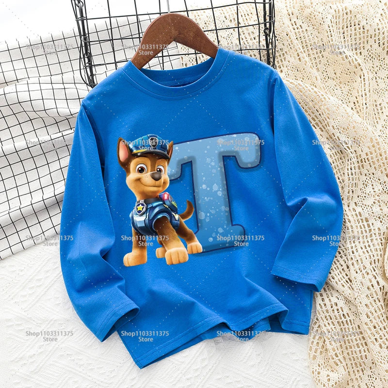 Cute PAW Patrol T-shirt Letter A-Z Print Top Long Sleeve Fashion Summer Boys Clothes Cartoon Kids Birthday Gift Outdoor Wear Tee