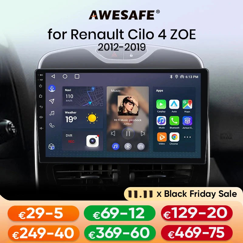 AWESAFE CarPlay اللاسلكي لنظام Apple Android 13 راديو السيارة لسيارة Renault Clio 4 2012 2013 2014-2016 شاشة الوسائط المتعددة ستيريو نظام تحديد المواقع العالمي (GPS)