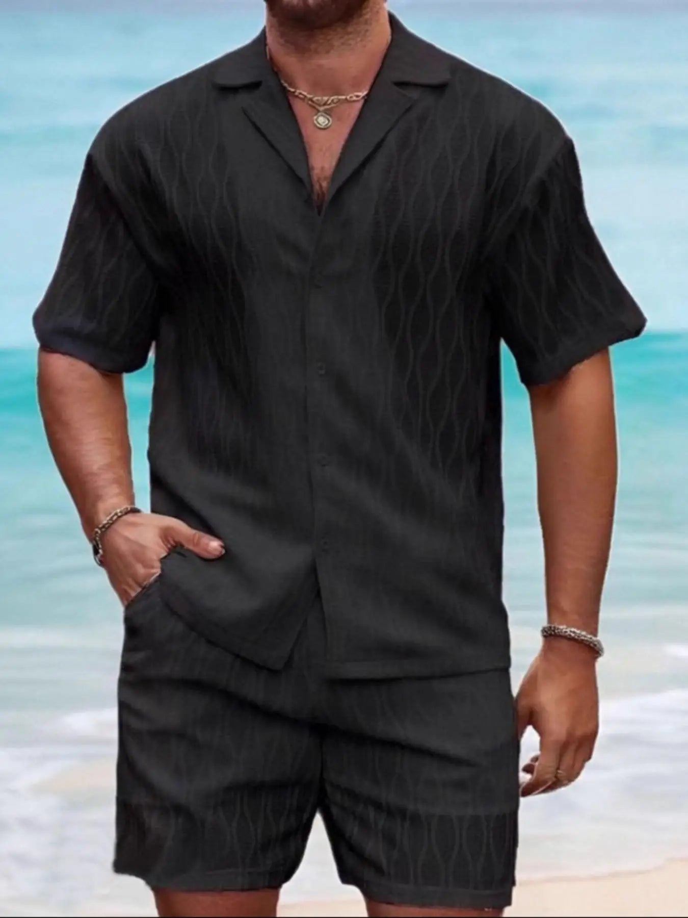 2025 New Summer Men's Casual Daily Outdoor Travel Solid Jacquard Lapel Short-sleeved Shirt Drawstring Shorts Two-piece Set