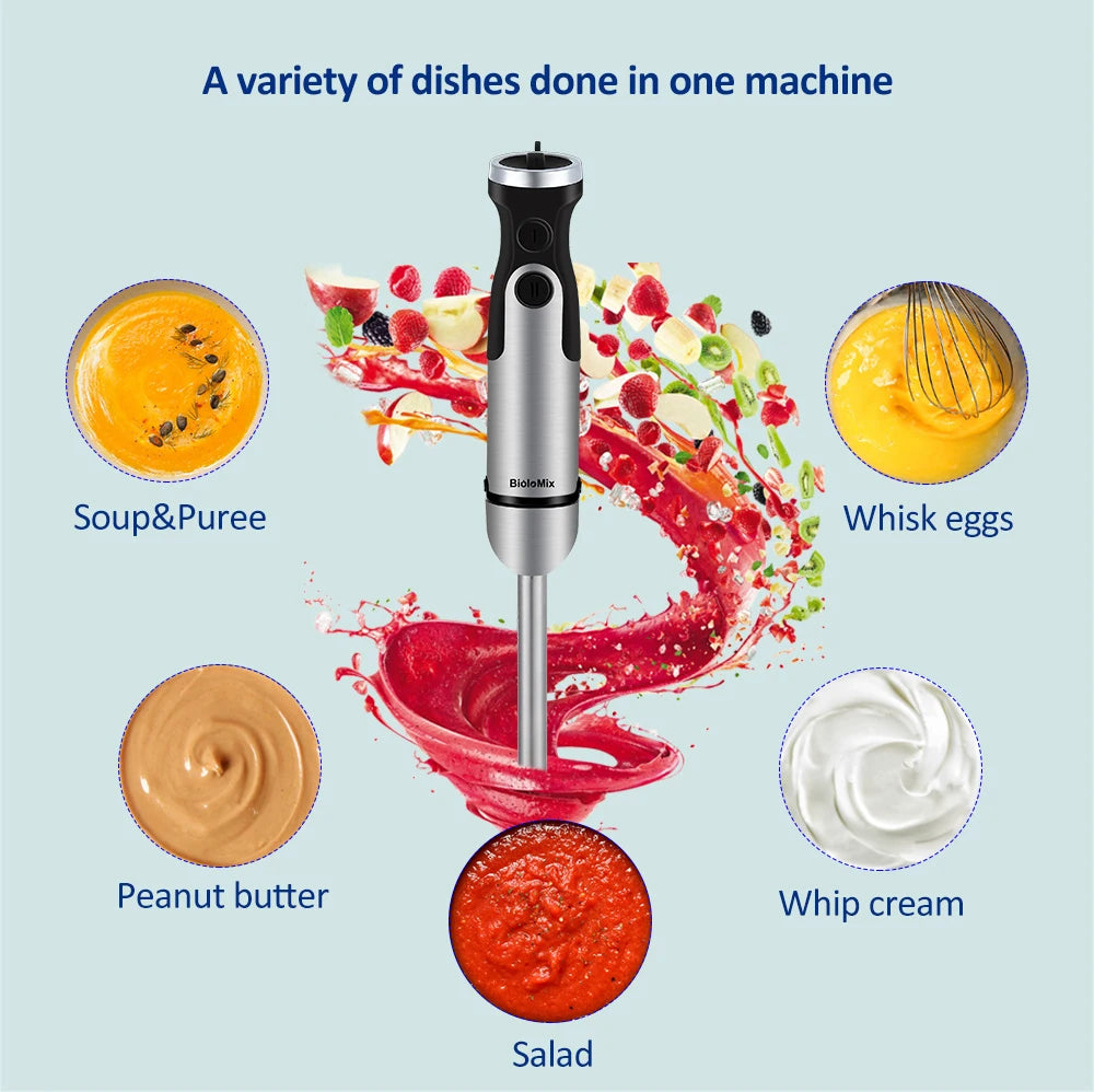 BioloMix 1200W 5-in-1 Immersion Hand Stick Blender Mixer Vegetable Meat Grinder 800ml Chopper Whisk 600ml Smoothie Cup