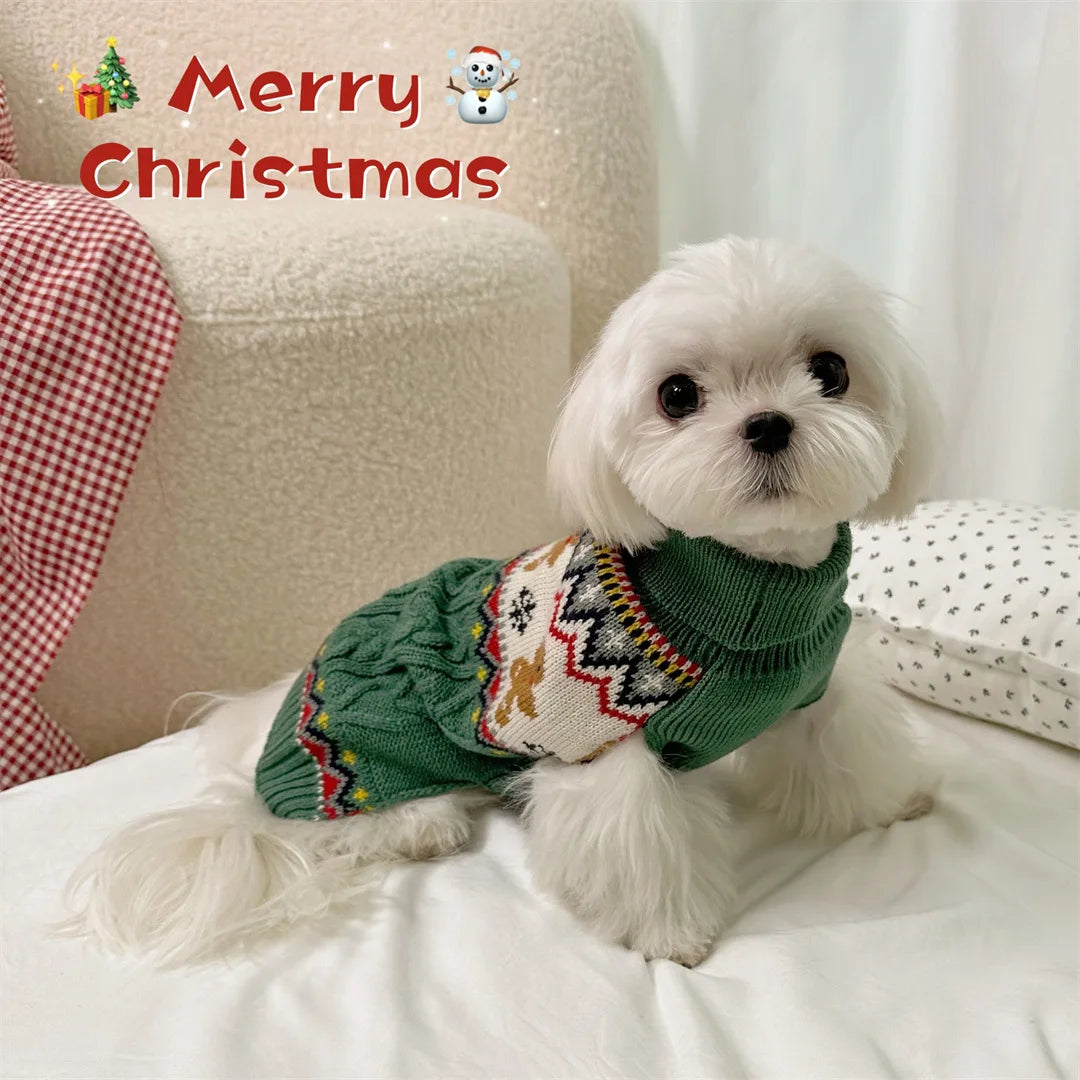 Pet Sweater for Dogs and Cats Fashion Warm Clothing in Winter Red and Green Gingerbread Cherry Deer Fresh Flowers White Sweater