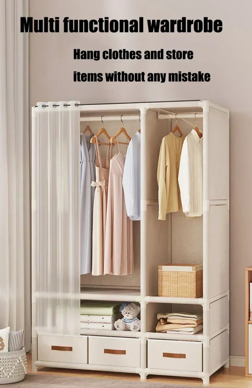 Armoire pour usage domestique, chambre à coucher, armoire en tissu simple et de grande capacité, robuste et durable, rangement anti-poussière, support organisateur de garde-robe