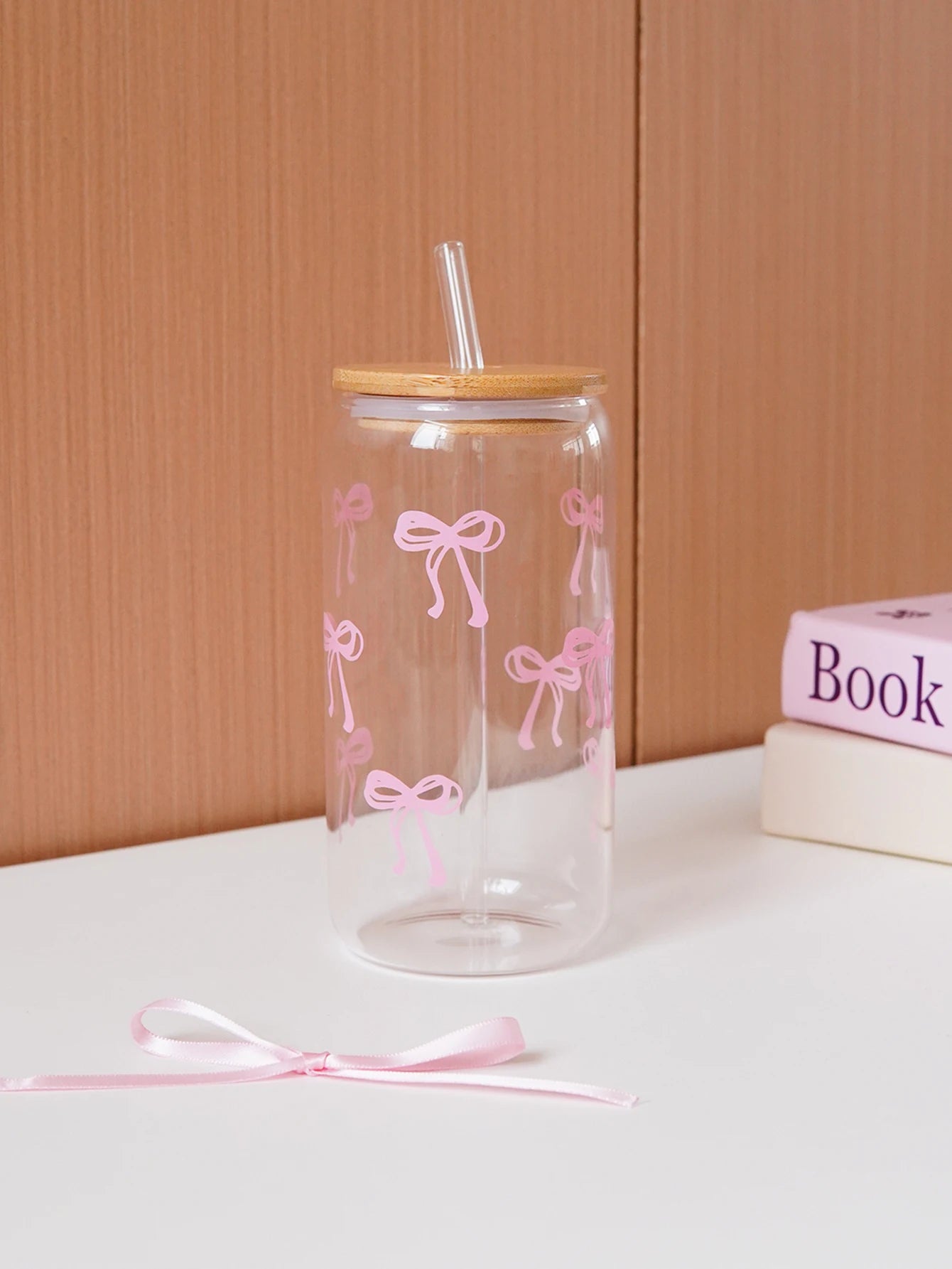 1/2/4/6Pcs Glass Bow Printed Glass Cup with Lid and Straw, Exquisite High-End Bow Glass Cup for Home Decoration, Family Daily Drinking Cup, Outdoor Picnic Cup, Party Cup, Breakfast Milk Cup, Gift Giving