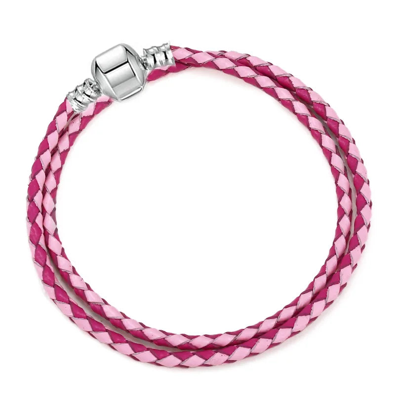 Original 925% sterling silver fashionable leather heart-shaped circular buckle charm bracelet for women DIY jewelry special gift