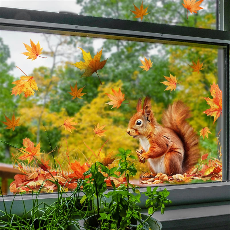 Maple Leaf Squirrel Double-sided Printed Static Window Stickers Autumn Family Thanksgiving Atmosphere Decoration Glass Stickers