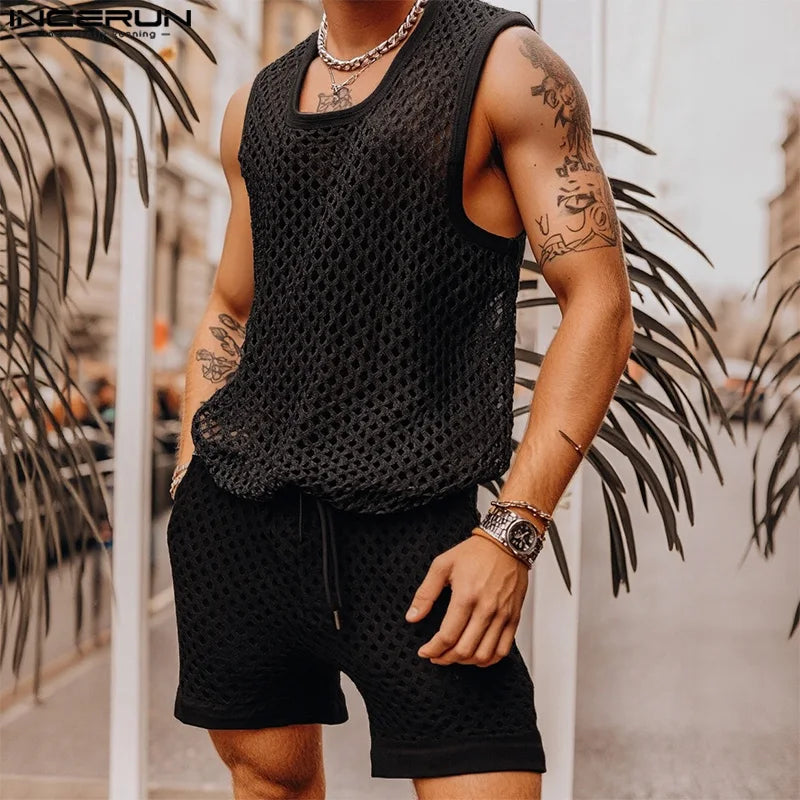 INCERUN Men Sets Solid Color Mesh Hollow Out See Through Tank Tops & Shorts 2PCS Summer Sexy Vacation Men Casual Suits 2025 5XL
