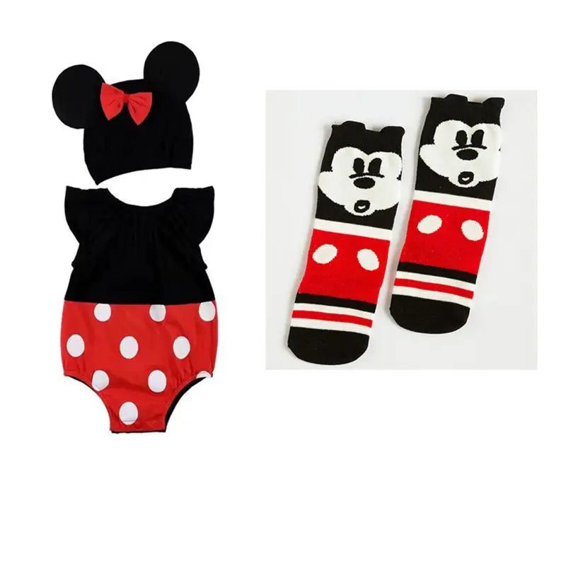 Summer Baby Boy Girl Newborn Romper Hat Short Skirt Sock 3 PCS Set Cartoon Mickey Minnie Infant Clothing Bebe Cotton Jumpsuits