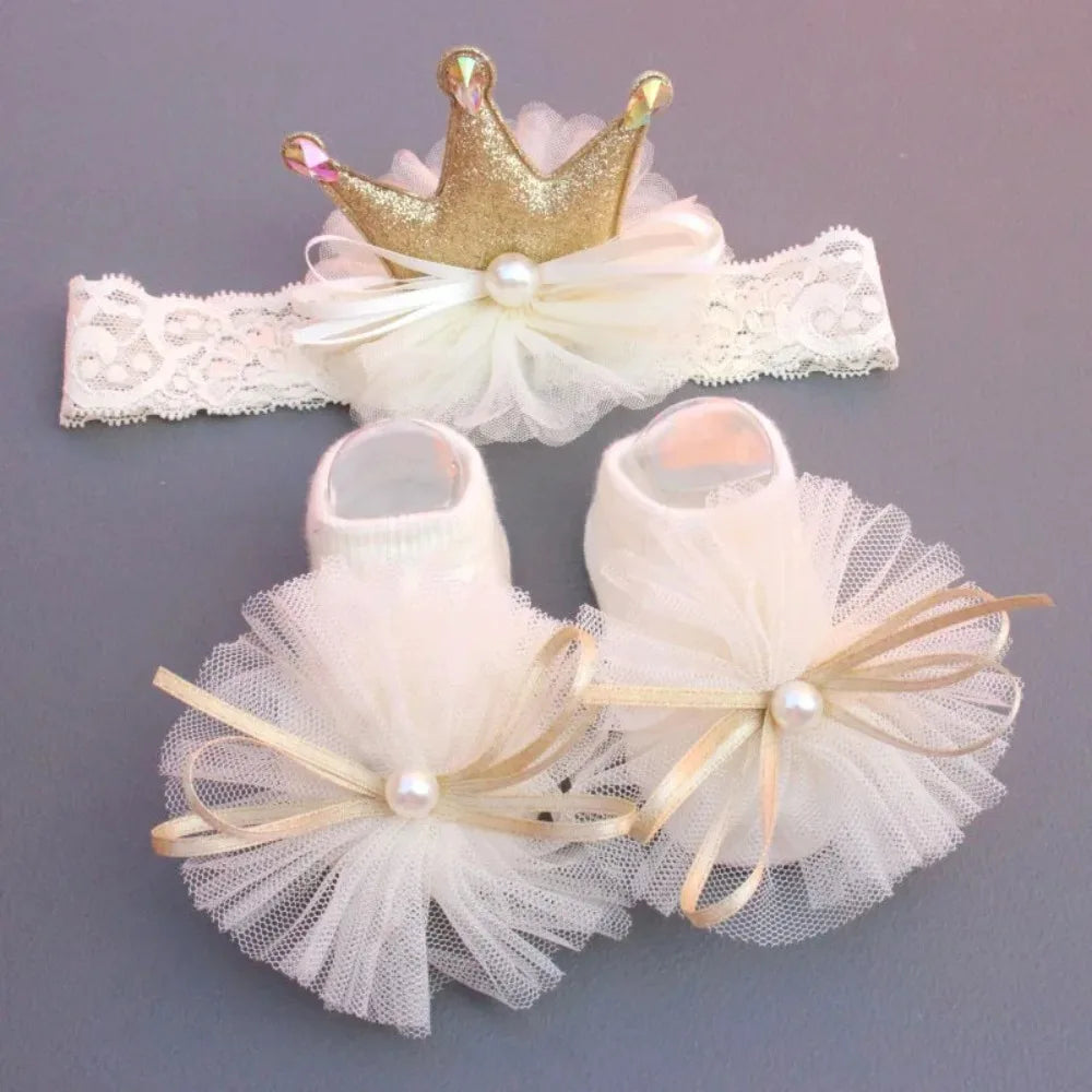 Soft Baby Headband Sock Set Comfortable Floor Socks Baby Crown Flower Headband Pink blue gold Children's Boat Socks
