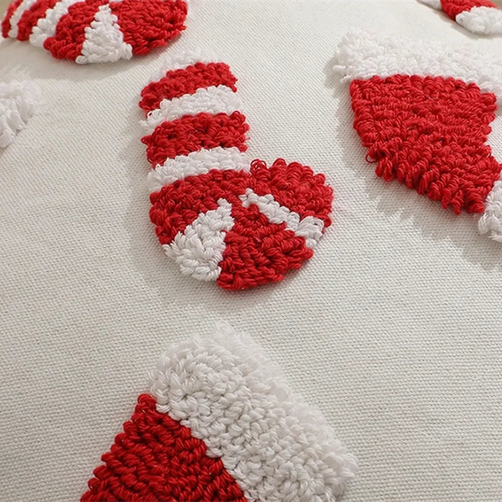 1/2 PCS Christmas Plush Pillowcase 3D Santa Hat Cane Pattern Hidden Zipper Closure Pillowcase New Year Party Decoration