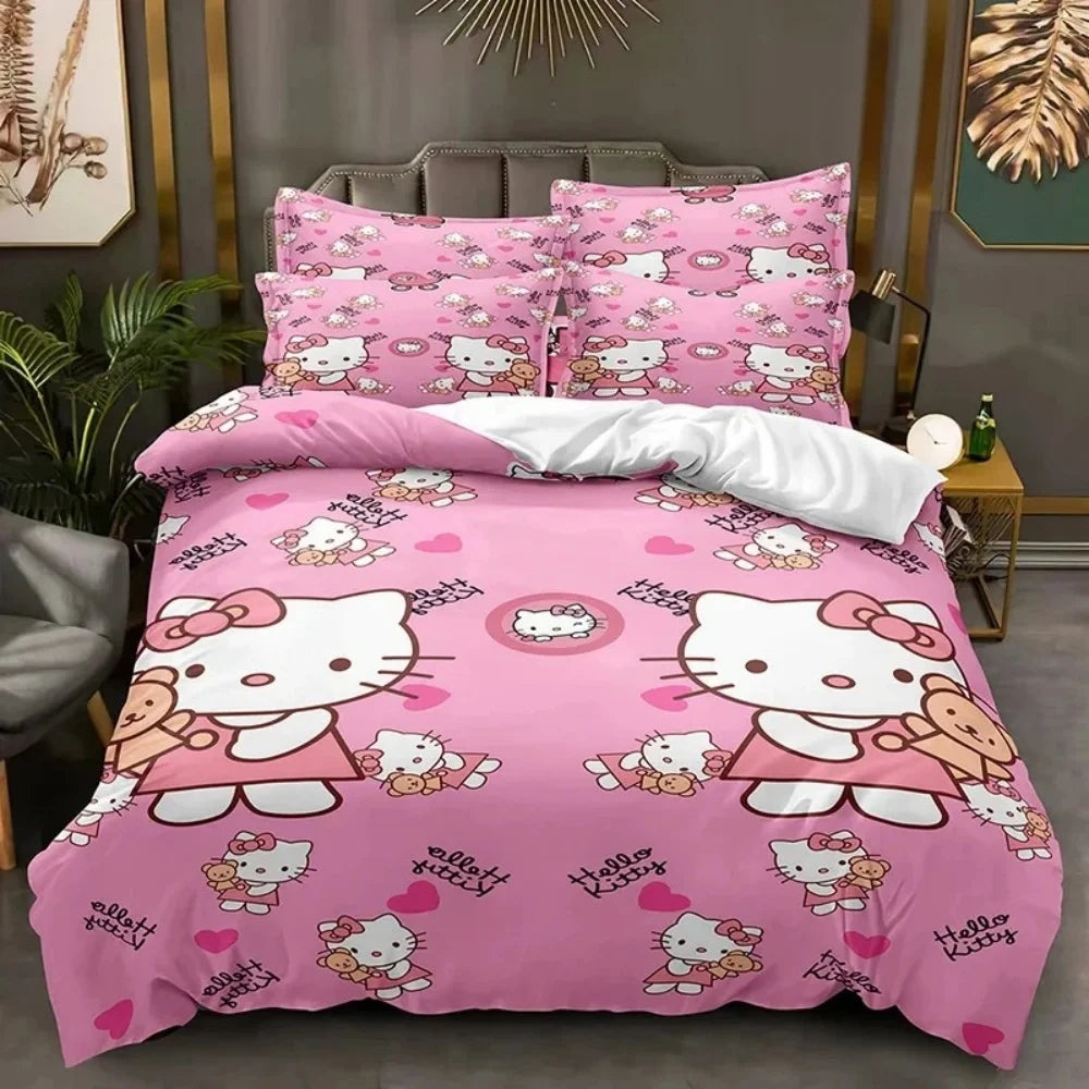 Sanrio Hello Kitty Cartoon Big Size Bedding Set Pink Cats Kawaii Duvet Cover For Girl Kids Single Decor Home Bedclothes Custom