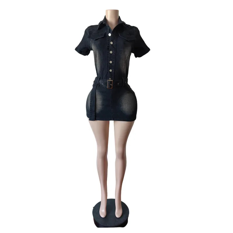 Benuynffy Sexy Half Button Elastic Denim Dress Women Summer 2025 New Turn-down Collar Fashion Slim-fit Bodycon Short Dresses