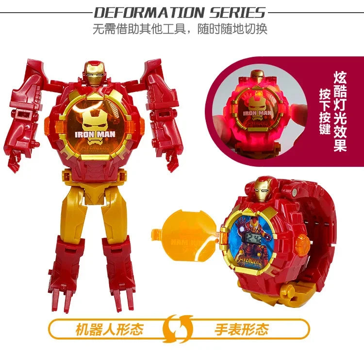 2026 Hot Marvel Iron Man Spiderman Cartoons Children's Watch Deformation Robot 3d LED Luminous Watch Children's Model Toy Watch