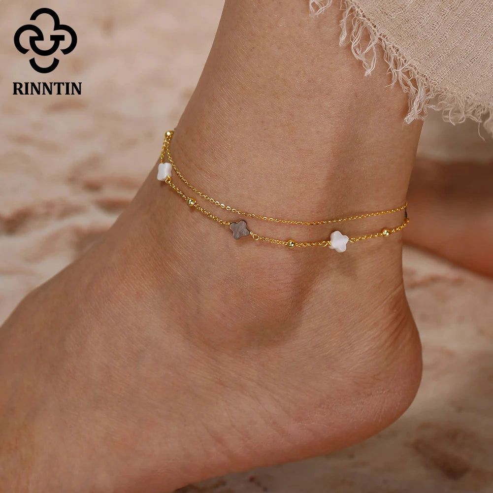 Rinntin Genuine 925 Sterling Silver Double Layer Clover Chain Anklet Lucky Clover Charm Anklets Bracelet Female Jewelry GMA02