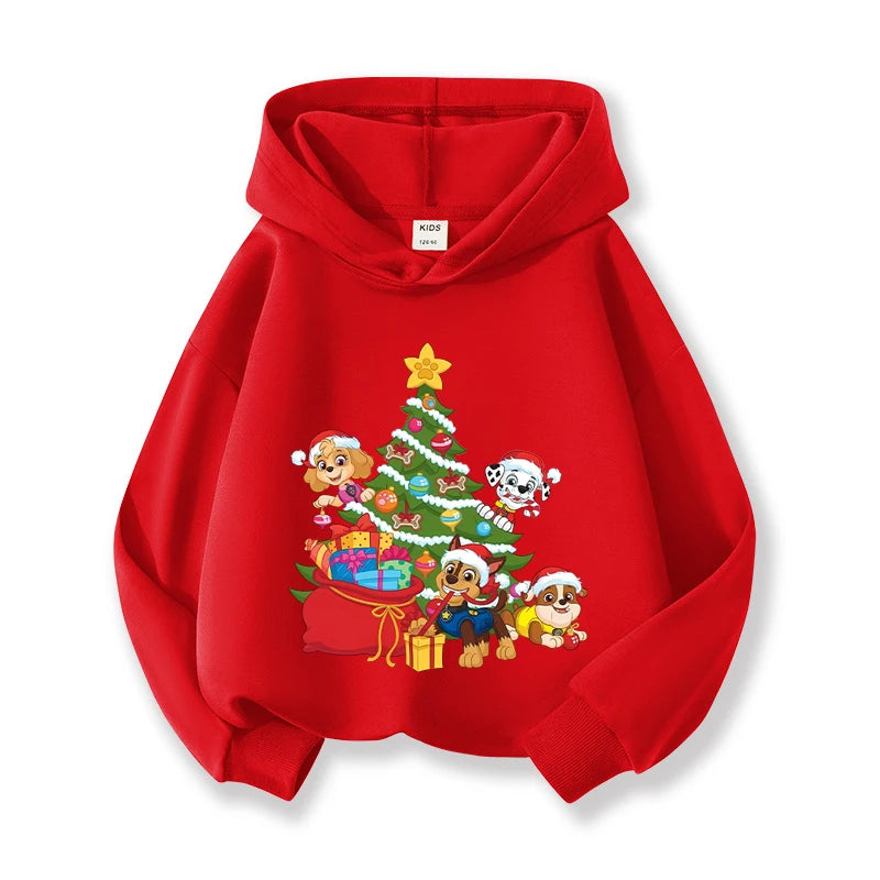 Paw Patrols Christmas Baby Hoodies Cute Anime Print Long Sleeved Child Red Top Pullover Casual Sweatshirt Kids Clothes Xmas Gift