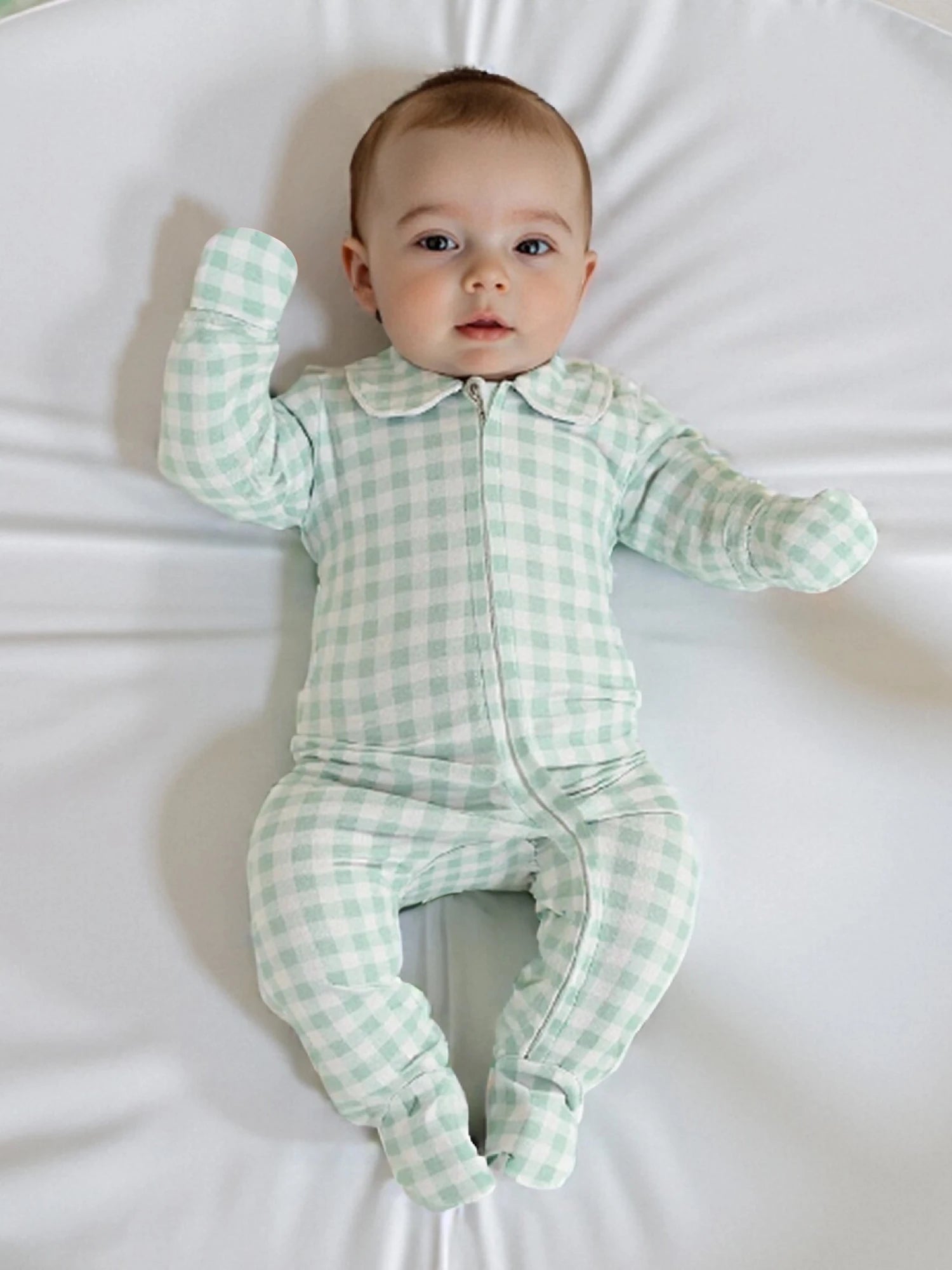 Pudcoco Infant Newborn Baby Fall Romper Plaid Print Doll Collar Long Sleeve Zip Up Footed Jumpsuit 0-6M