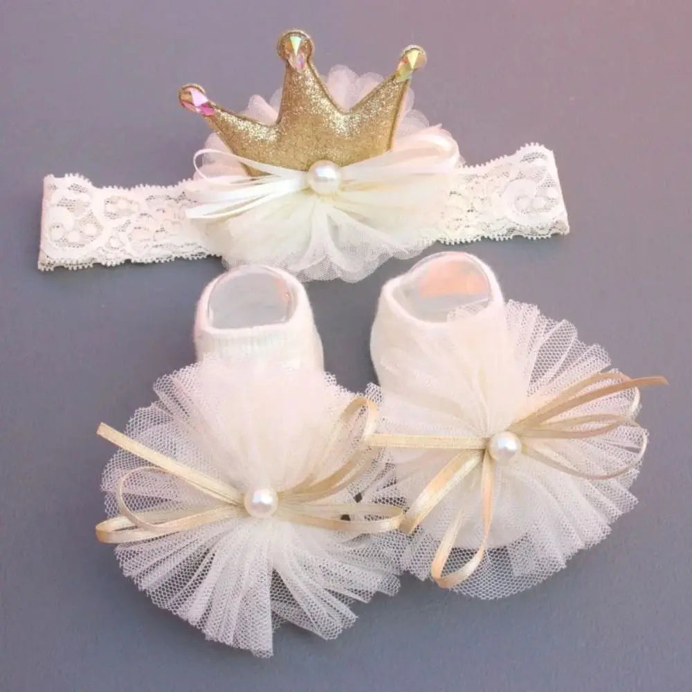 Soft Baby Headband Sock Set Comfortable Floor Socks Baby Crown Flower Headband Pink blue gold Children's Boat Socks