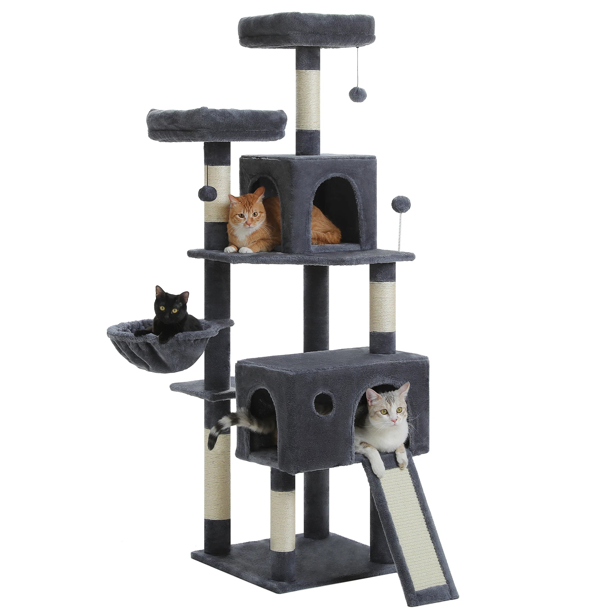 Stable&Safe Multi-Level Cat Tree Tower with Cozy Condo,Scratching Posts&Boards,Perches,Hammock,Pompoms for Active Cats,Cat Toys