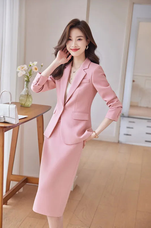 NAVIU Pink Suits Women New 2023 Autumn Fashion Temperament Professional Blazer And Skirt Office Lady Work Wear Two Piece Sets