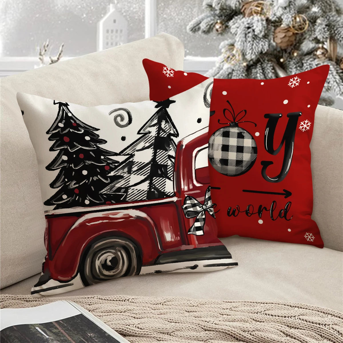 1/4pcs Retro Christmas Pillowcase, Christmas Ball, Christmas Tree, Retro Truck Design, Cushion Cover, Christmas Decorations