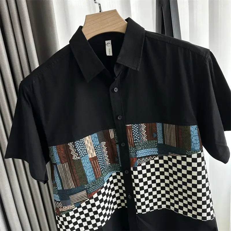 2025 New Japanese Retro Contrasting Colors Summer Plaid Spliced short-sleeved Shirt Men's Casual Clothes