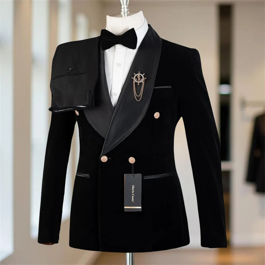 Costume de mariage double boutonnage en velours pour homme