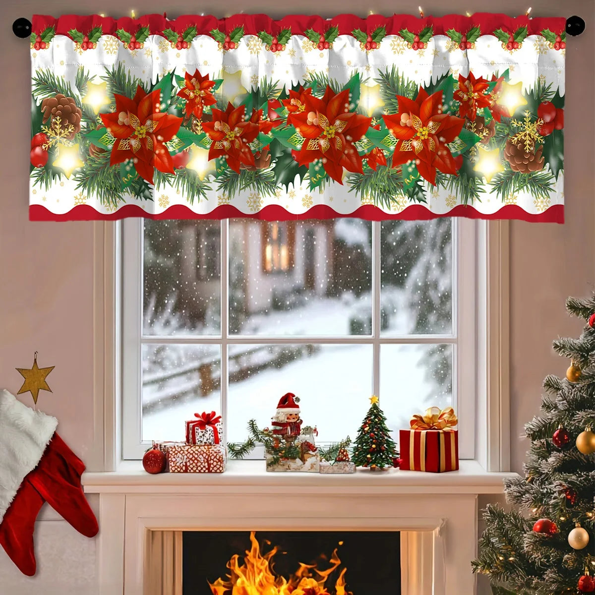 Christmas Short Curtains Valances Christmas Decorations for Home 2025 Xmas Ornaments Windows Treatments for Kitchen Bathroom