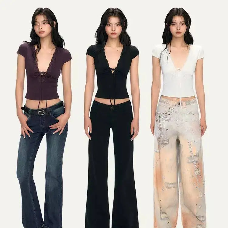 Vintage Summer Lace Patchwork Sexy T-shirt Women Harajuku Fairy Bandage Pleated Tops 2025 Y2k Aesthetic Slim Fit Cropped Tees