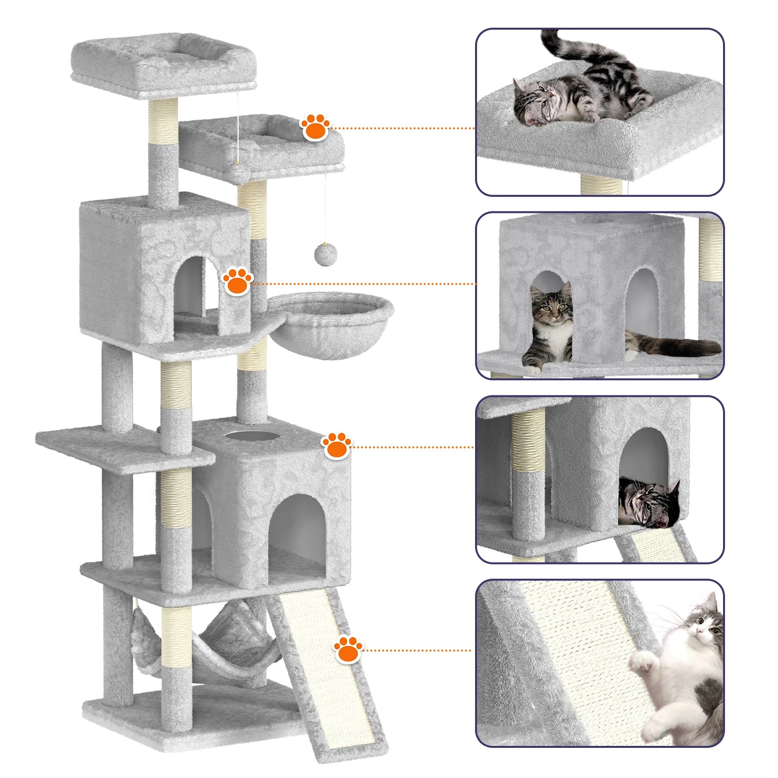 Oak & Tea Cat scratching post 158cm Climbing Tower with 7 Scratching Pillars, 2 Houses & 2 Hammocks for Domestic Cats
