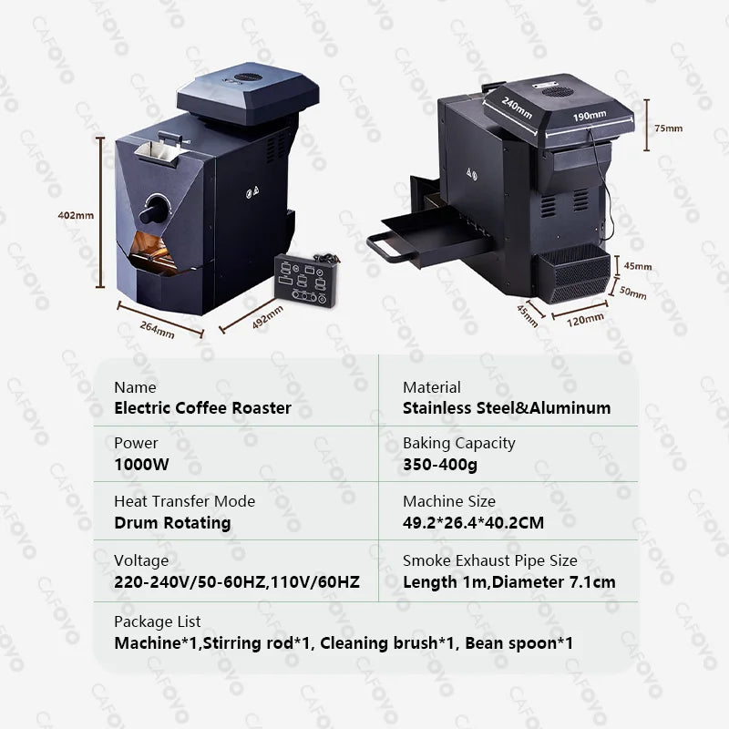 CAFOVO RE-1 Electric Coffee Bean Roaster Commercial Roaster Automatic Roasting Machine with 3 Baking Curve Grain Dryer 110-220V