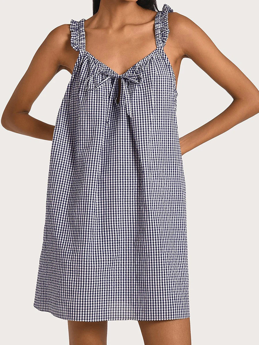 Gaono Women Summer Plaid Mini Dress Casual Y2k Gingham Spaghetti Strap Going Out Outfit Cute Flowy Swing Loose Fit Clubwear