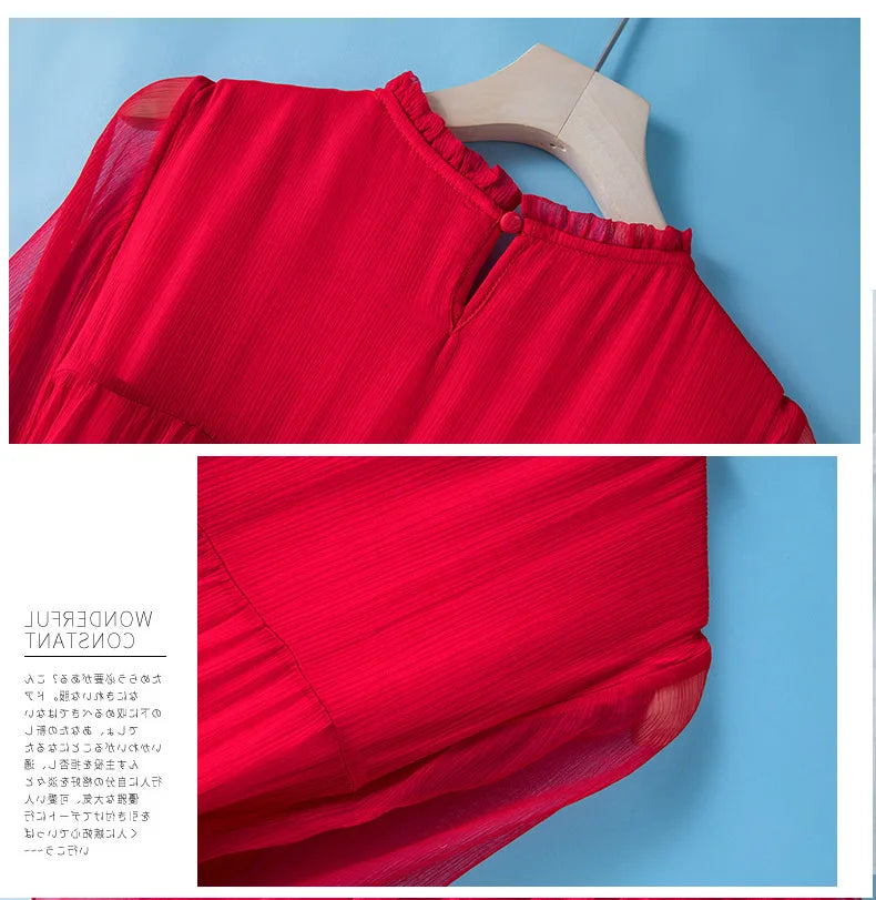 Winsleter, 100%Real Silk Elegant Dresses, Women Half Sleeve ONeck Ruched, Beach Vacation OL Dress, 2024 Summer Autumn D46910QM