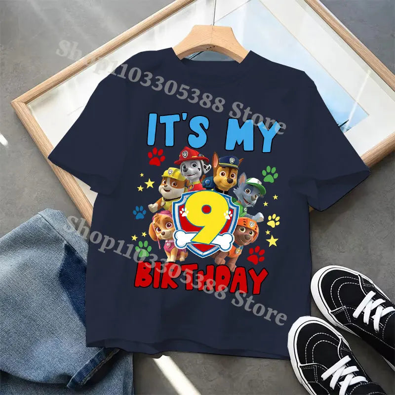 Paw Patrol Cute T-shirts for Children Cartoon Number 1-9 Printed Short Sleeved Shirt Boys Girls Summer Fashion Top Birthday Gift