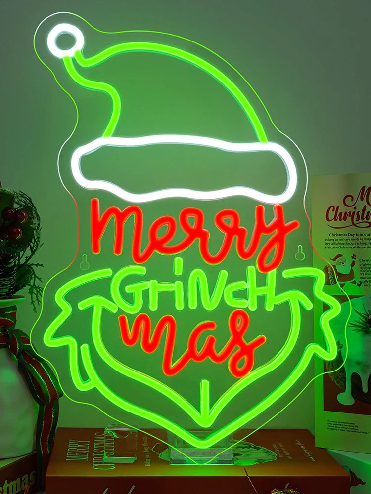 Merry Grinch Mas Neon Sign Green Monster Neon Sign Wall Decor for Bedroom Living Room Kids Room Festival Party New Year