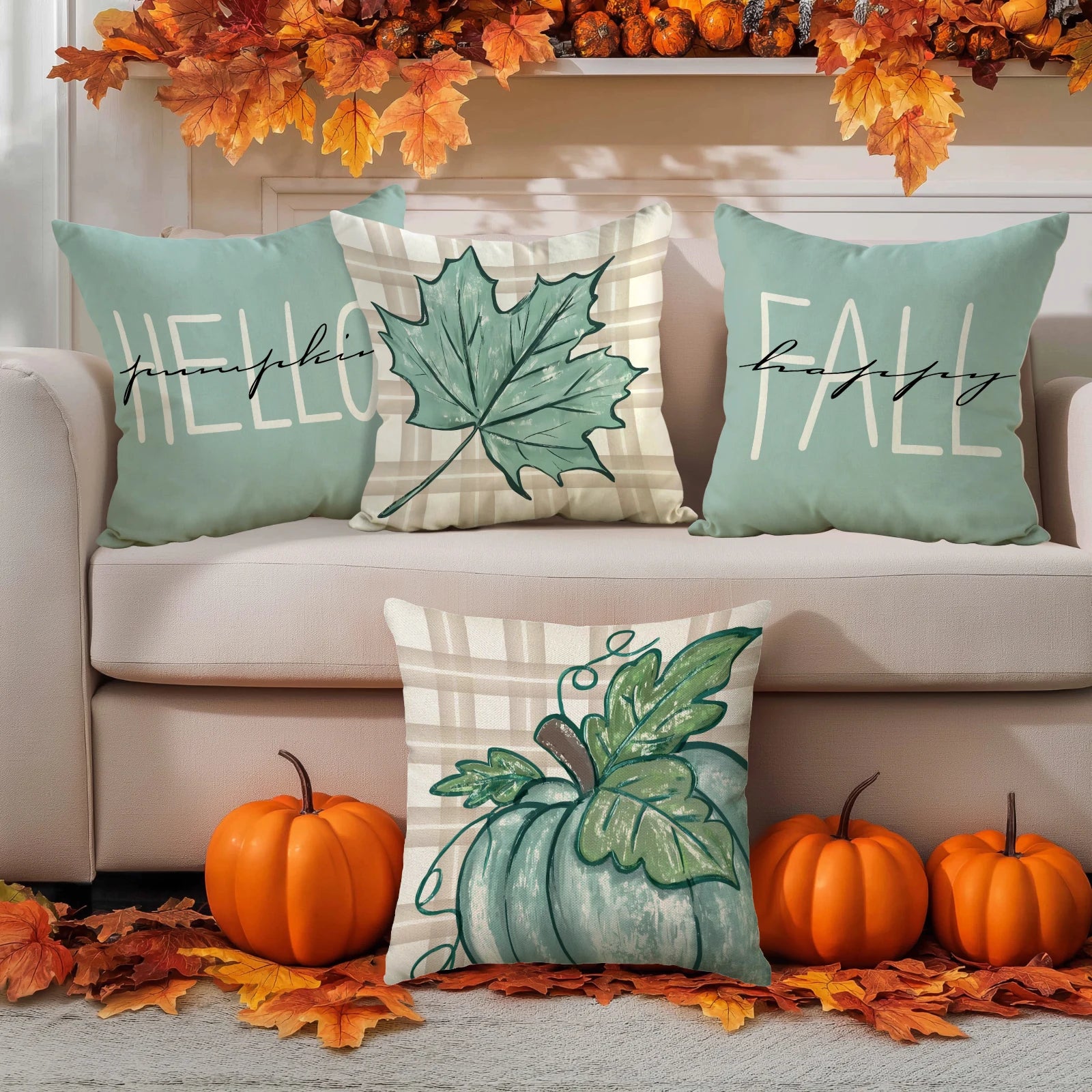 4pcs Thanksgiving Pillow Cover, Pumpkin, Maple Leaf, Stripe Pattern Cushion Cover, Hello Autumn Home Decoration Pillowcase