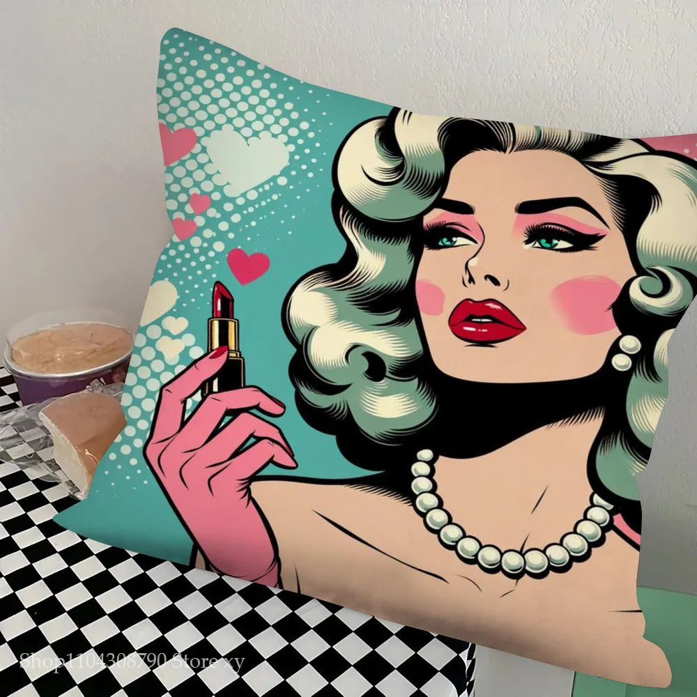 1pc Colorful Pop Art Canvas Comic Woman Pillow Case Square Bedroom Sofa Leisure Comfort Cushion Car Living Room Home Decoration