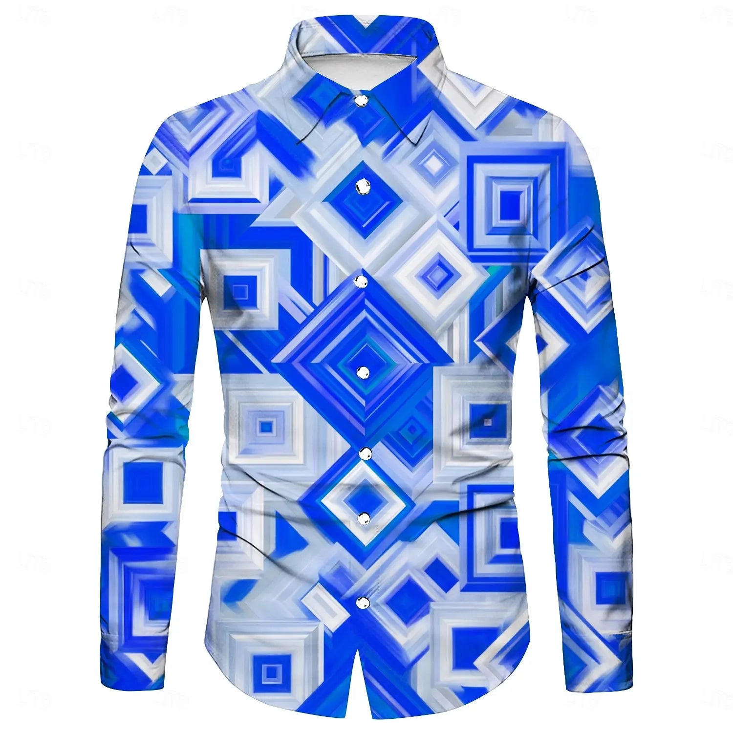 Men's 3D irregular geometric shape print long-sleeved shirt personalized polyester fabric casual shirt men's fashion lapel shirt