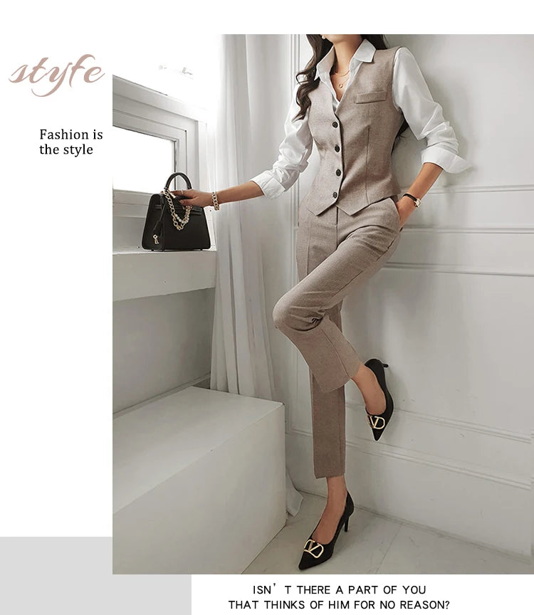 H Han Queen Korean Autumn Winter 3 Pieces Set Women Contrast Blazer + Vest And Simple Pants Casual Simple Office Lady Pants Suit