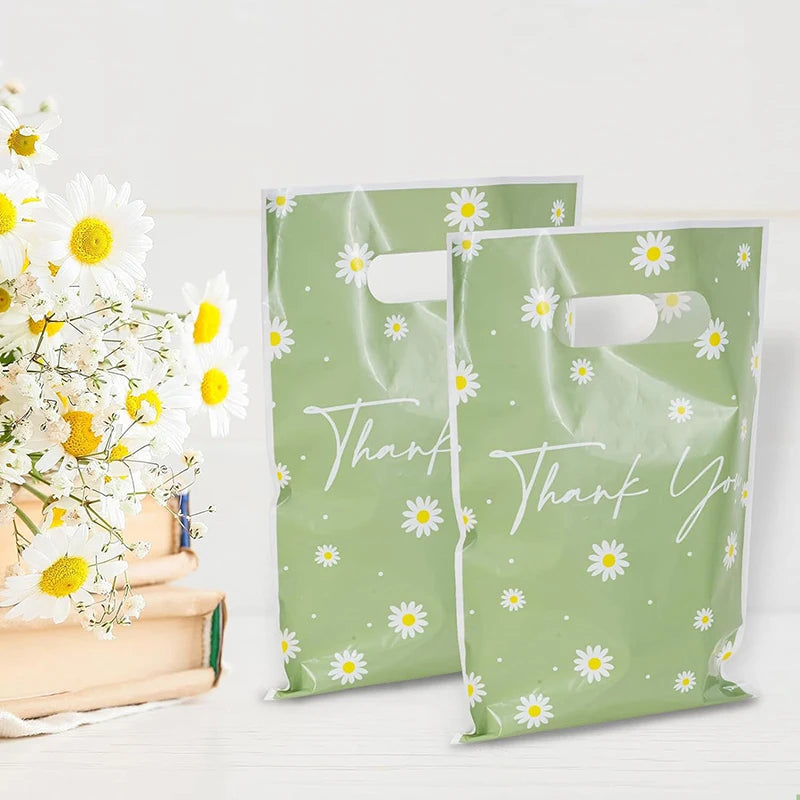 50Pcs Green Daisy Thank You Tote Gift Bags Plastic Candy Cookie Packaging Bag For Wedding Birthday Party Favors Small Business