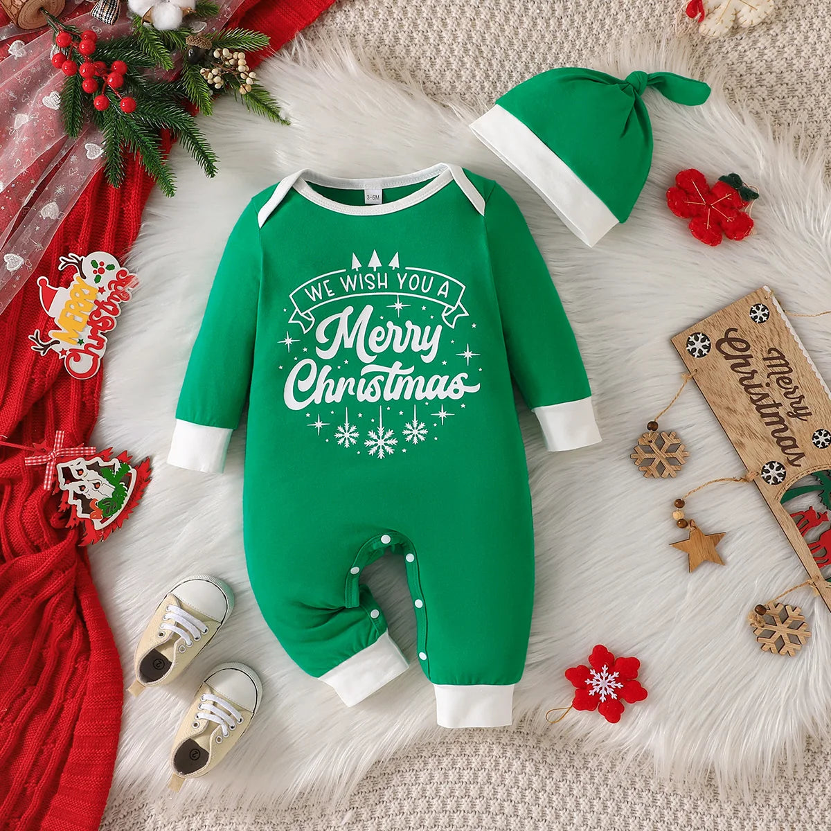 Prowow Baby Christmas Clothes 2025 Cartoon Pattern Green Romper Xmas Jumpsuit For Kids Newborn New Year Baby Costume Boy Girls