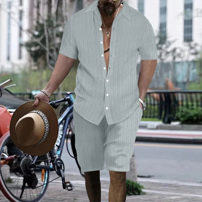 Summer European and American Style Men's Clothing Short Sleeve Cardigan Suit Men's Casual Loose Short Sleeves Shorts Beach Suit