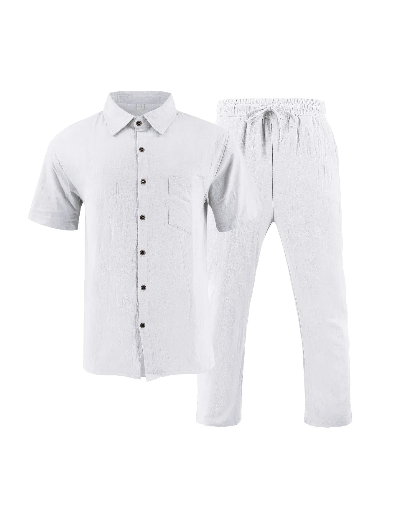 American Summer Men's Linen Casual Set Short-Sleeved Shirt And Long Pants 2-Piece Comfortable Loose Fit for Men