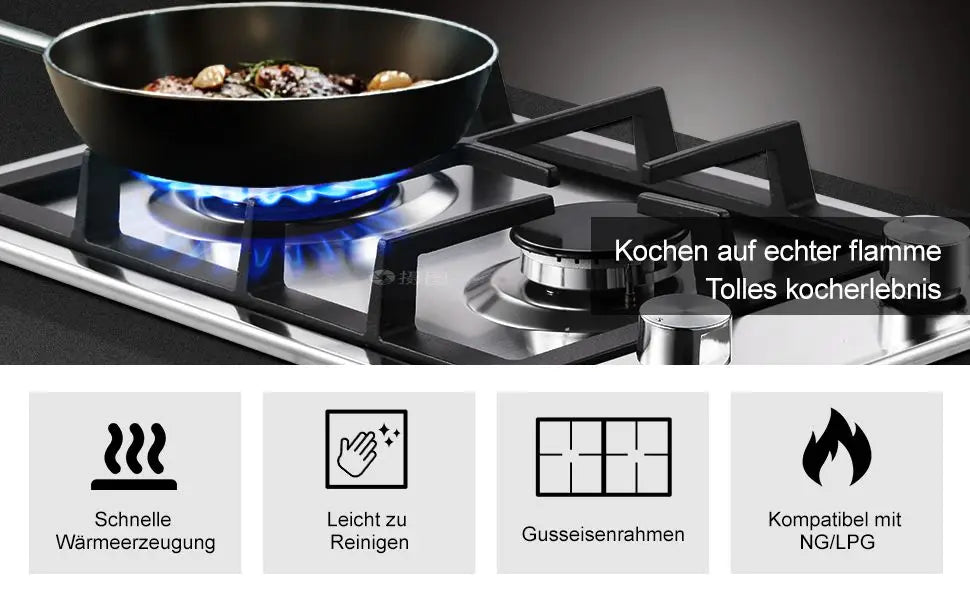 Stainless Steel Gas Hob Automatic Flame Protection 2 Bulbs | Dual Fuel Natural Gas/Propane Built-in/Freestanding 2400W 220-240V